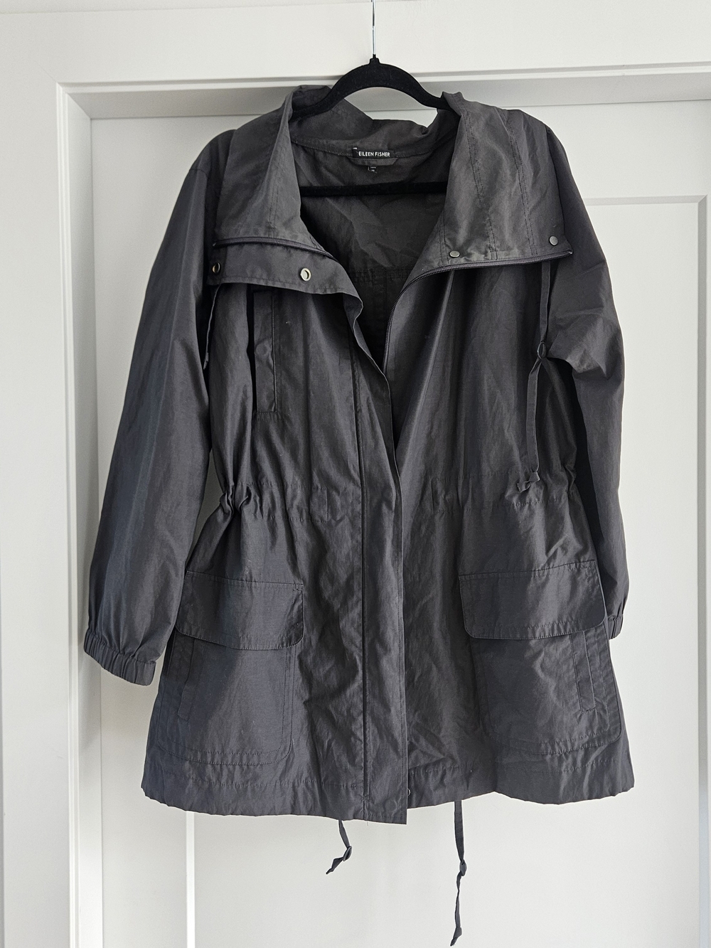 Eileen Fisher Charcoal Gray Utility Jacket Cotton Nylon Sz Medium Cinch Waist